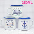 10R07    white color enamel mugs printing 350ml with square handle