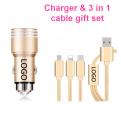 Promotional metal Safety hammer car phone charger with 3 in 1 cable gift sets
