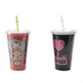 S12 promotional double wall plastic takeaway cup with straw and indersted advertsing paper 350ml