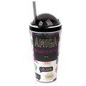 S14 promotional double wall plastic takeaway cup with straw and inserted advertsing paper 450ml